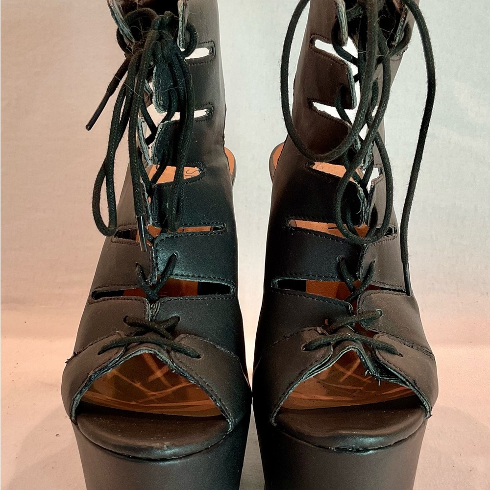 NASTY GAL Black Lace Up Gladiator Platform Wedge Boots Whimsigoth Punk Bold Sz 6 - Picture 4 of 16